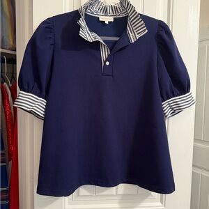 Entro Navy Blue Puff Sleeve Blouse with Striped Collar